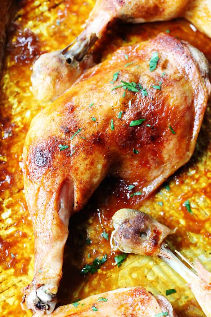 Close up shot of a slow roasted chicken leg quarter