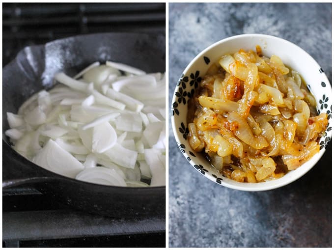 Process shots of making caramelized onions