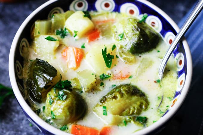 Horizontal soup of Brussels sprouts soup in a bowl with a spoon