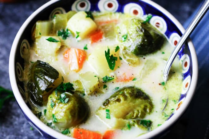 Horizontal shot of brussels sprouts soup in a bowl with spoon