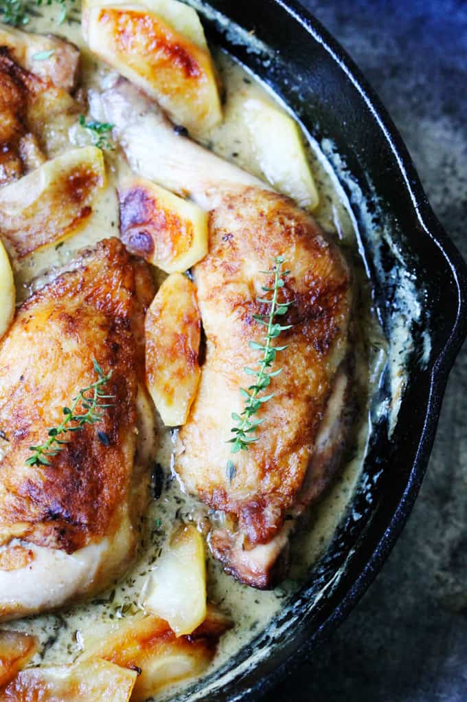 Close up shot of chicken normandy in a skillet