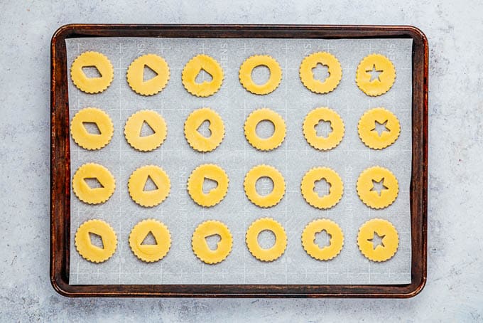 Linzer Tarts cookie dough on the baking sheet