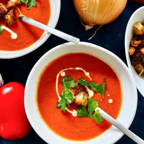 Oven Roasted Tomato Soup in a bowl with spoon