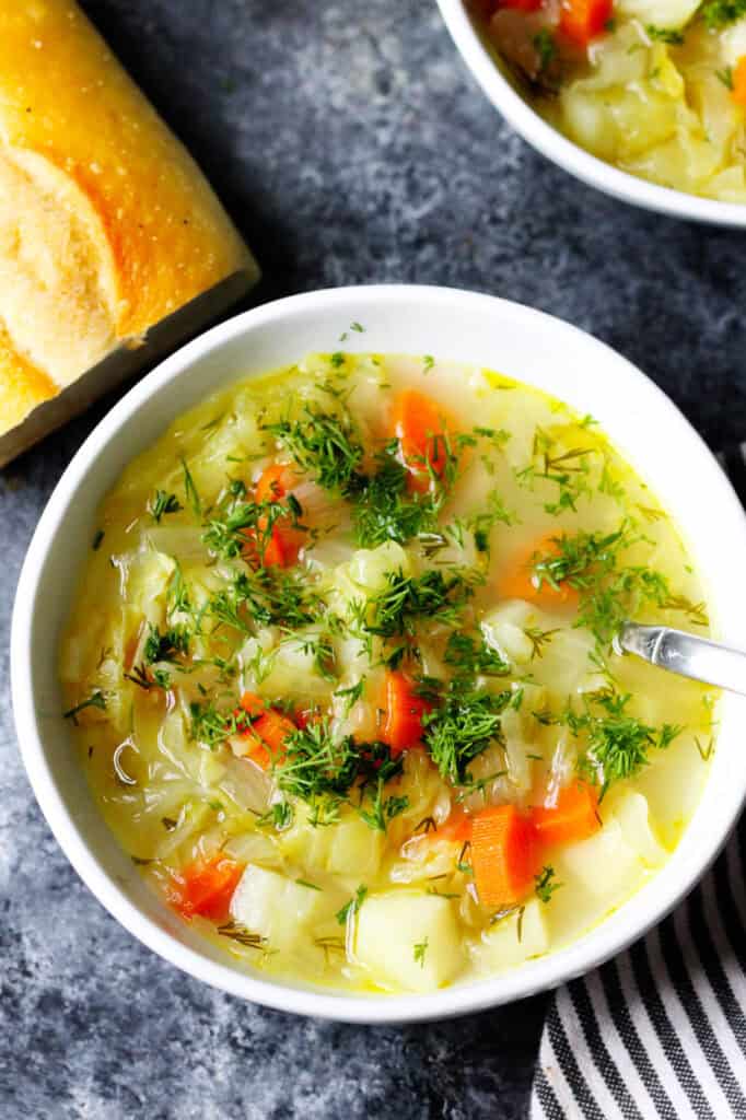 Overhead view of a bowl of cabbage soup