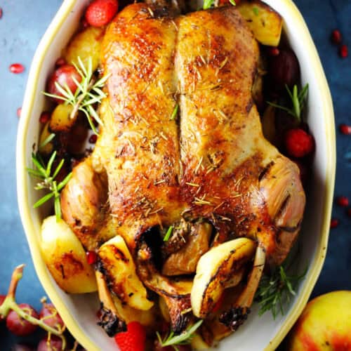 Overhead of roast duck stuffed with apples