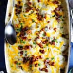 Closeup of pierogi casserole​ in a baking dish