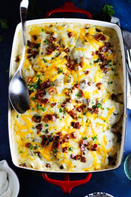 Closeup of pierogi casserole in a baking dish