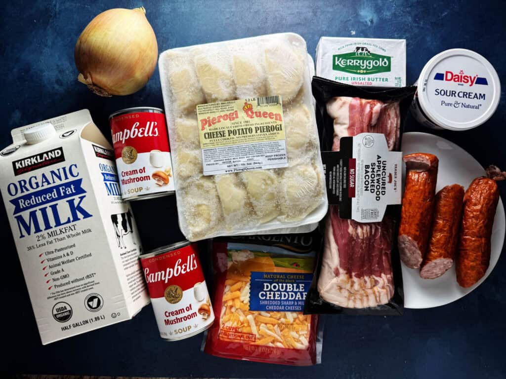 Ingredients for pierogi casserole with kielbasa