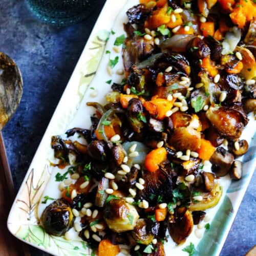 Overhead plate of roasted fall vegetables