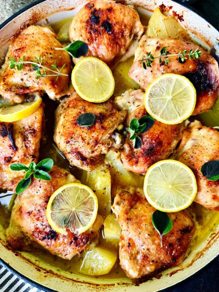 Overhead view of the chicken and potatoes in the baking dish